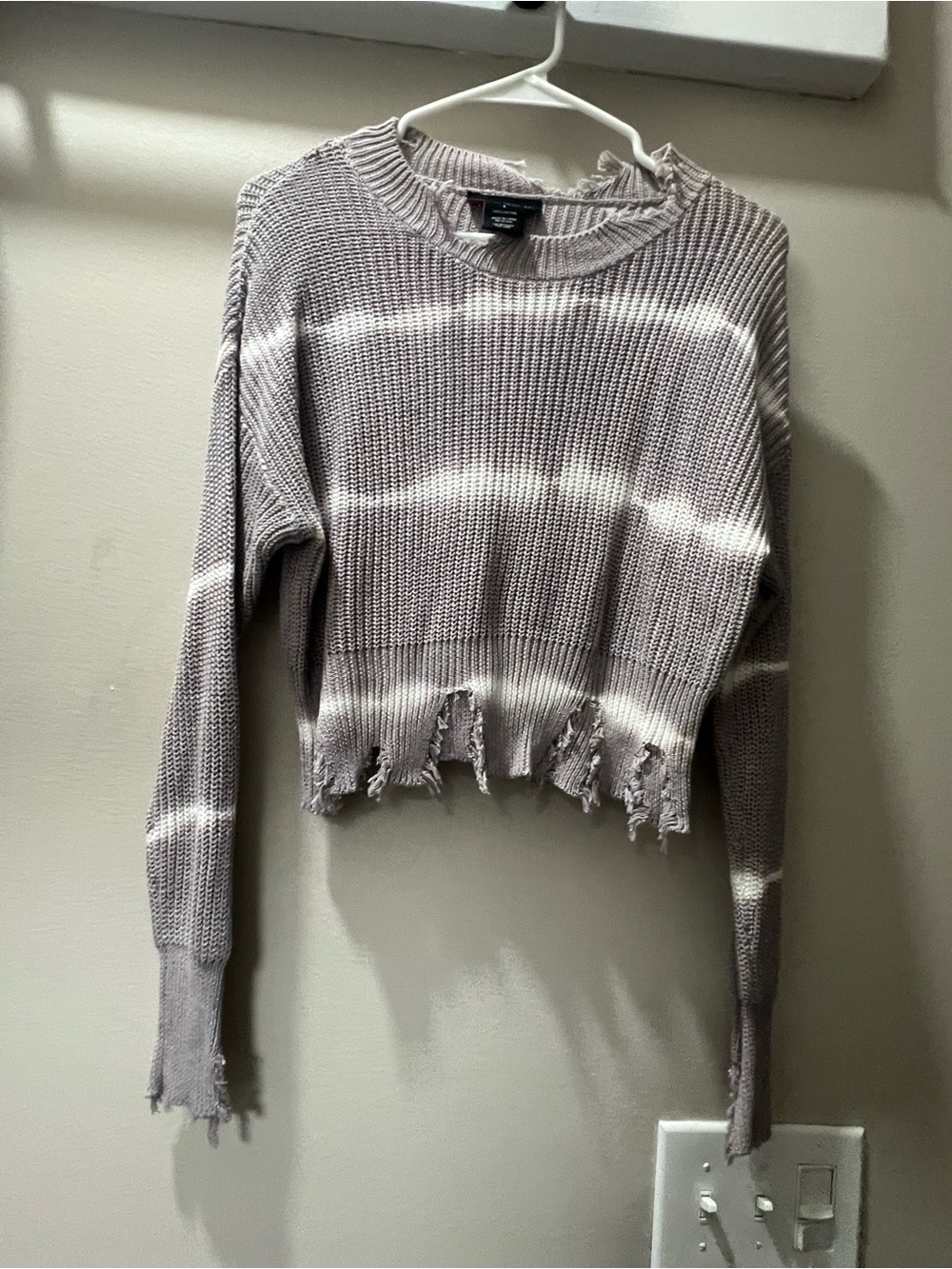 Cropped Distressed Crewneck Sweater in Lavender Stripe